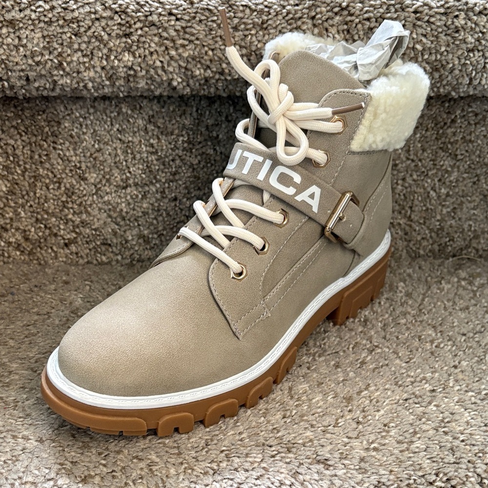 Nautica Beige Shearling-Trim Lug Sole Ankle Boots